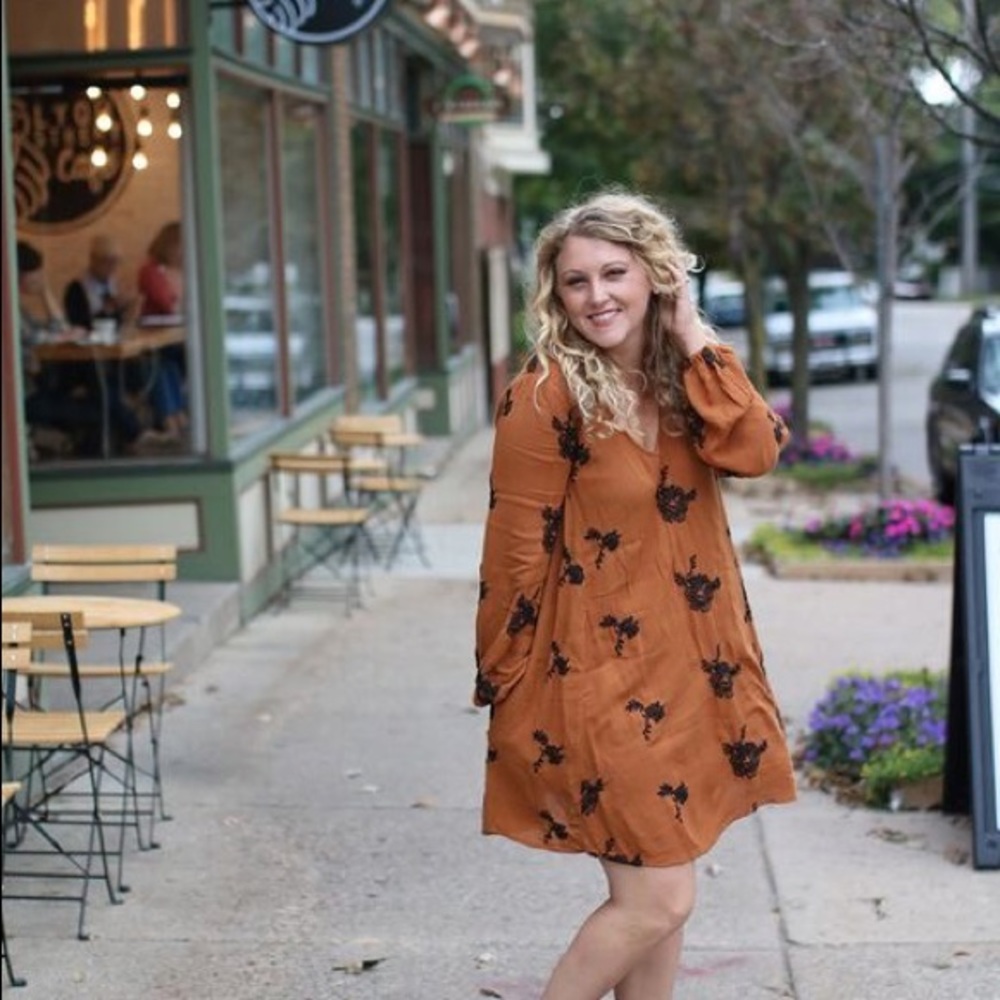 Free People Emma Embroidered Floral Dress XS Orange Black